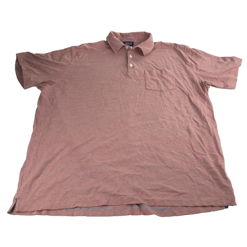 Patagonia Men's Polo XL Organic Cotton Vintage  Orange Gray Striped Short Sleeve